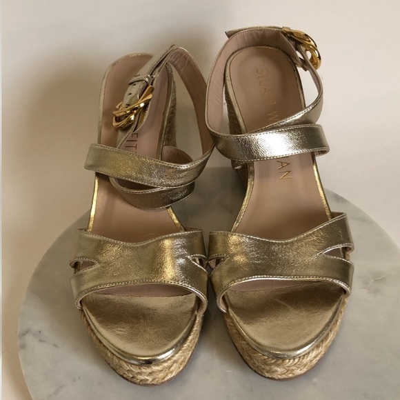 Stuart Weitzman Gold Zuzu Cutout Leather Wedge Sandals - Picture 5 of 16